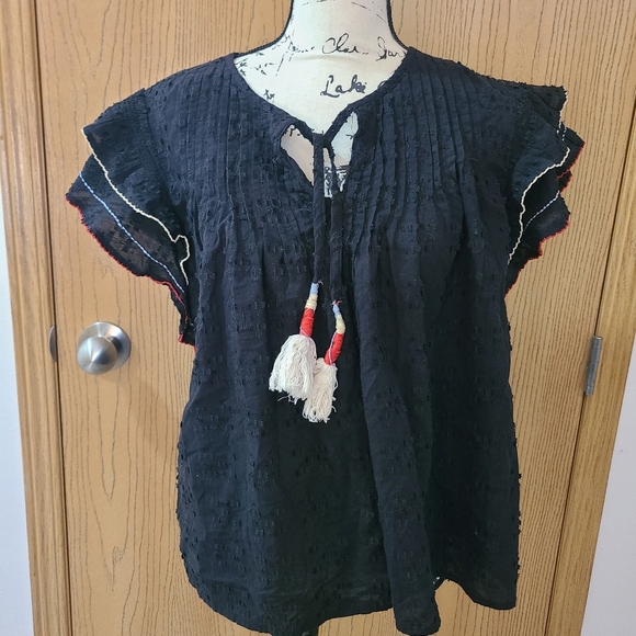 acos & a Tops - Acos & A embroidered ruffle sleeve tassel boho textured top